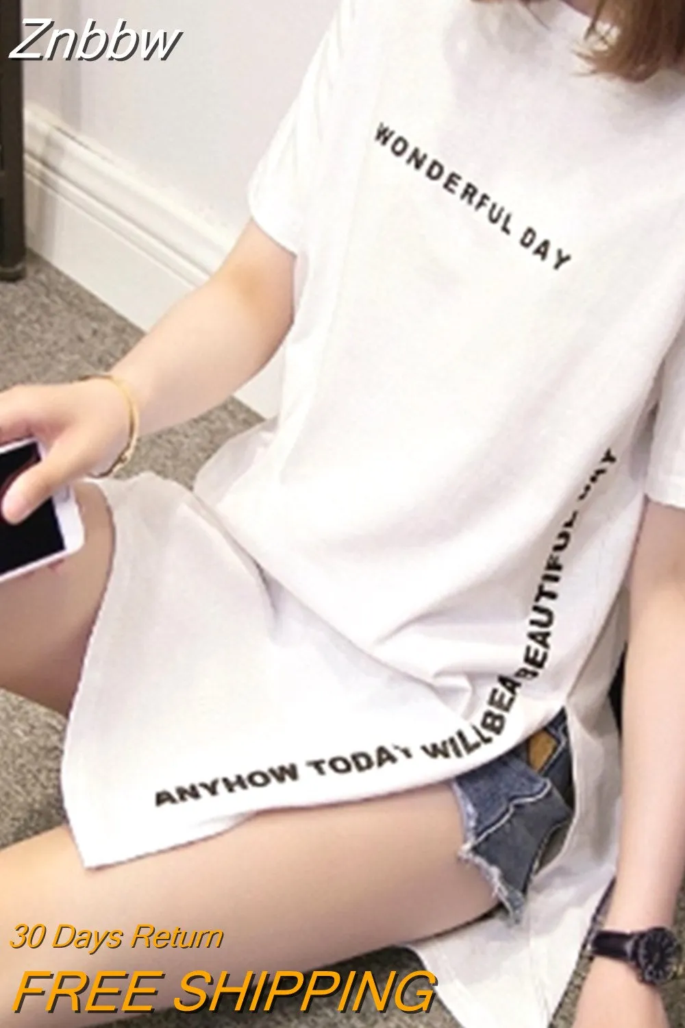 Znbbw DAY Print Long T shirts Summer Women Loose Slit Femme Tops Cotton Tshirt Short sleeve Ladies t-shirt - Image 5
