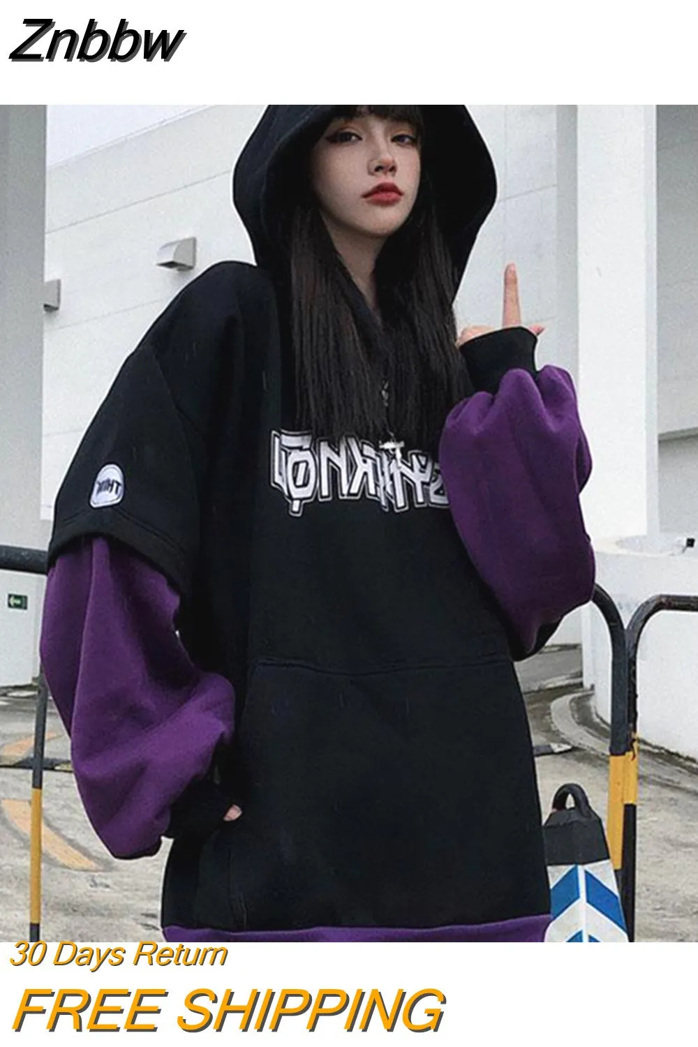 Znbbw fleece thickened letter hoodie men's gothic hip-hop street Korean loose fashion casual sweater 90s retro men's clothing