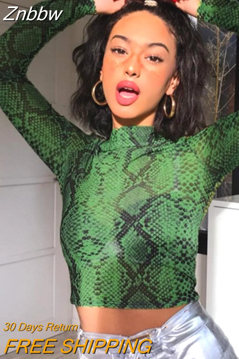 Znbbw Green Snake Print T Shirt Women Mesh Top Long Sleeve Transparent Snakeskin Female T-shirt High Neck Crop Tops - Image 4