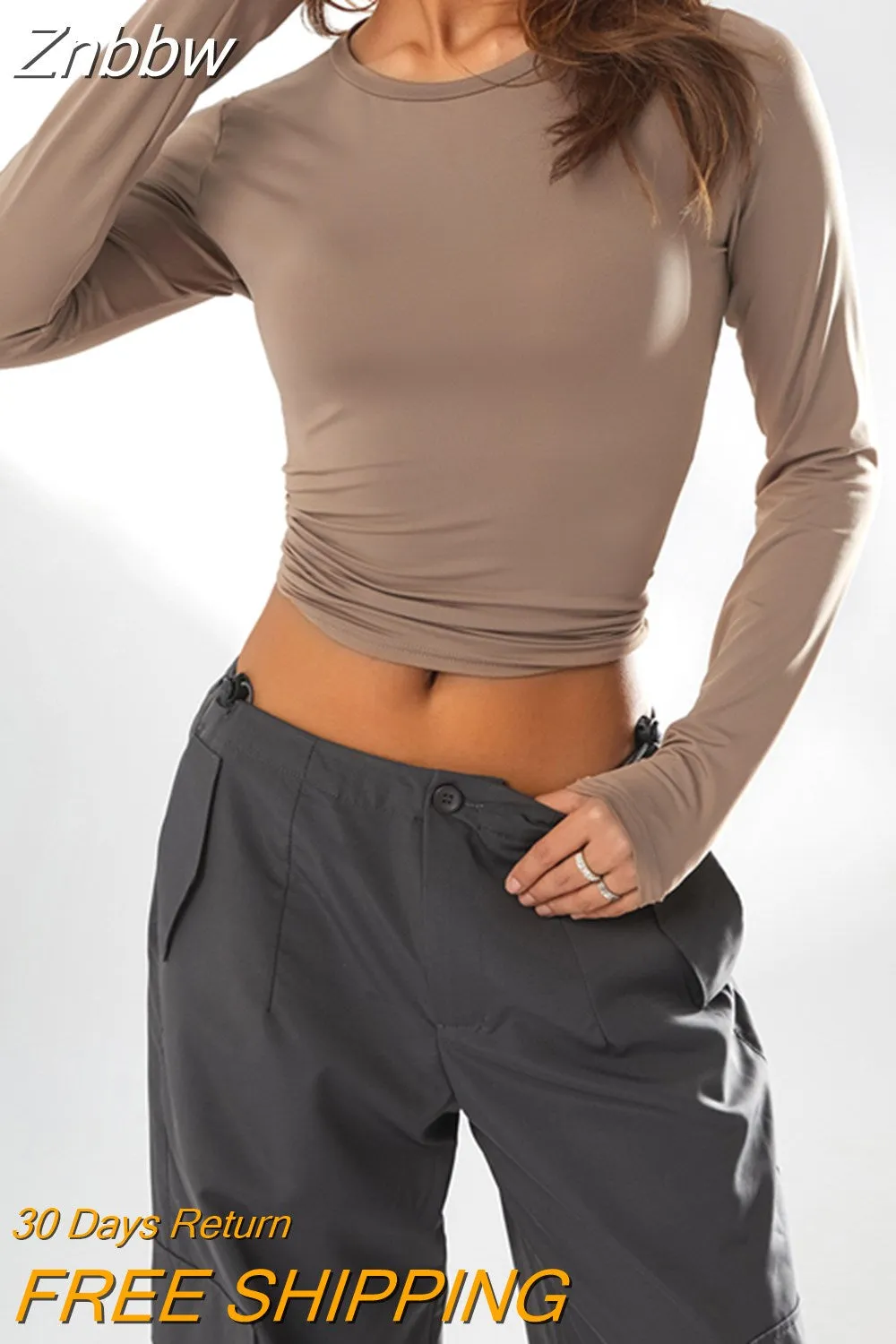 Znbbw Women's Slim Fit Going Out Crop Tops Casual Solid Color Crew Neck Long Sleeve Tight Tee Shirt Basic Streetwear 90s y2k Tees - Image 16