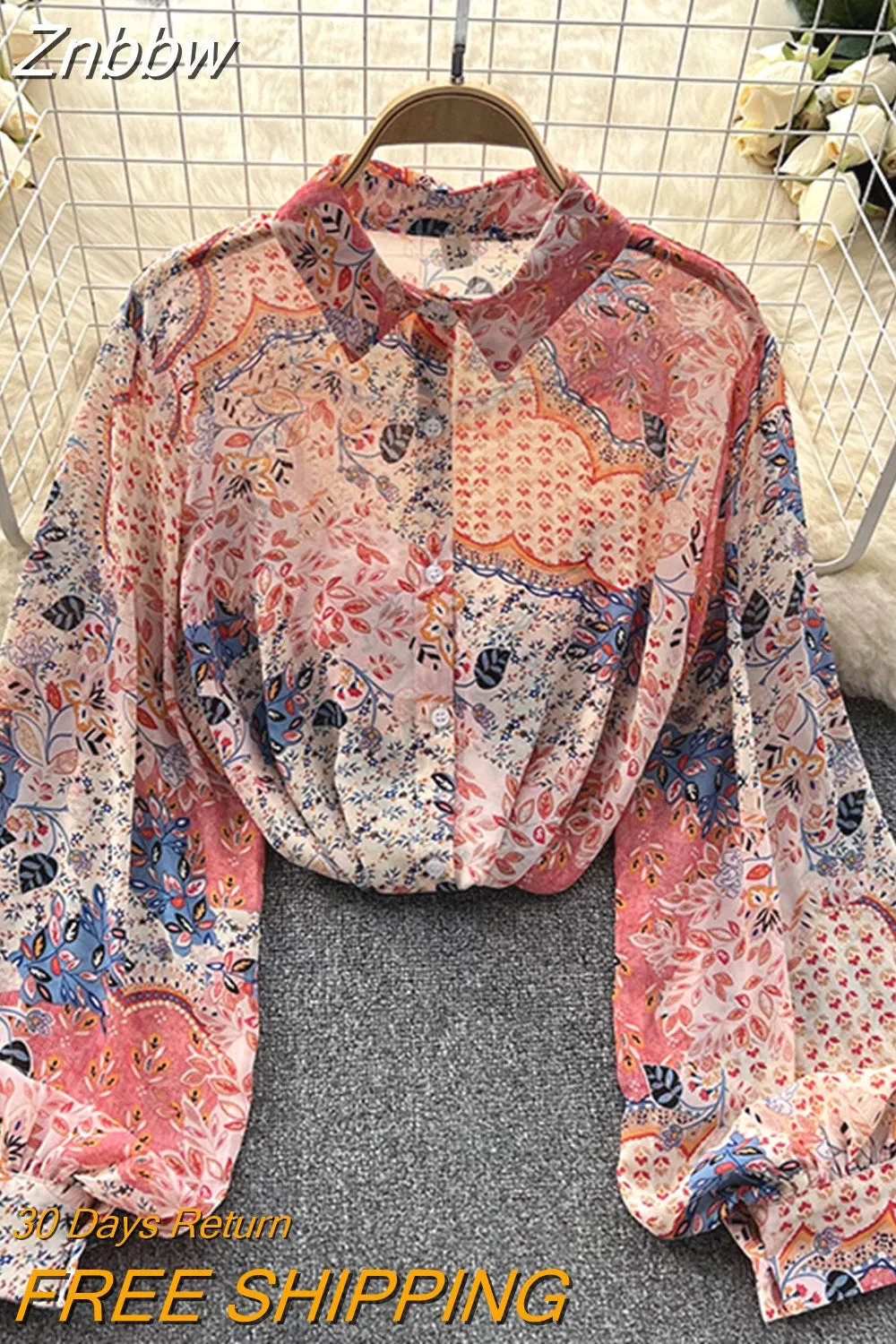 Znbbw Autumn Women's Korean Loose Versatile Long Sleeve Shirt Top New Lantern Sleeve Print Temperament POLO Collar Shirt G18 - Image 6