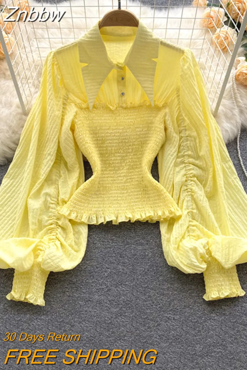 Znbbw Women Fashion folds retro lantern sleeves waist waist design short slim-fit western style all-match blouse tops female D0592