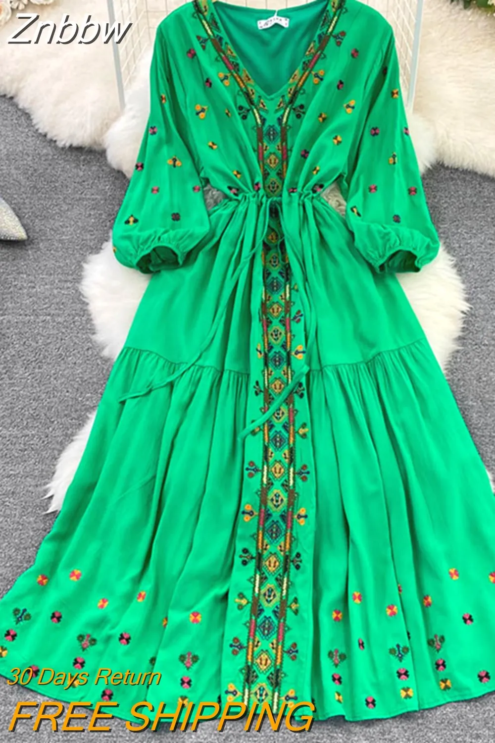 Znbbw retro ethnic style temperament embroidered puff sleeves V-neck waist a-line dress holiday big swing Vestidos Women D1577 - Image 8