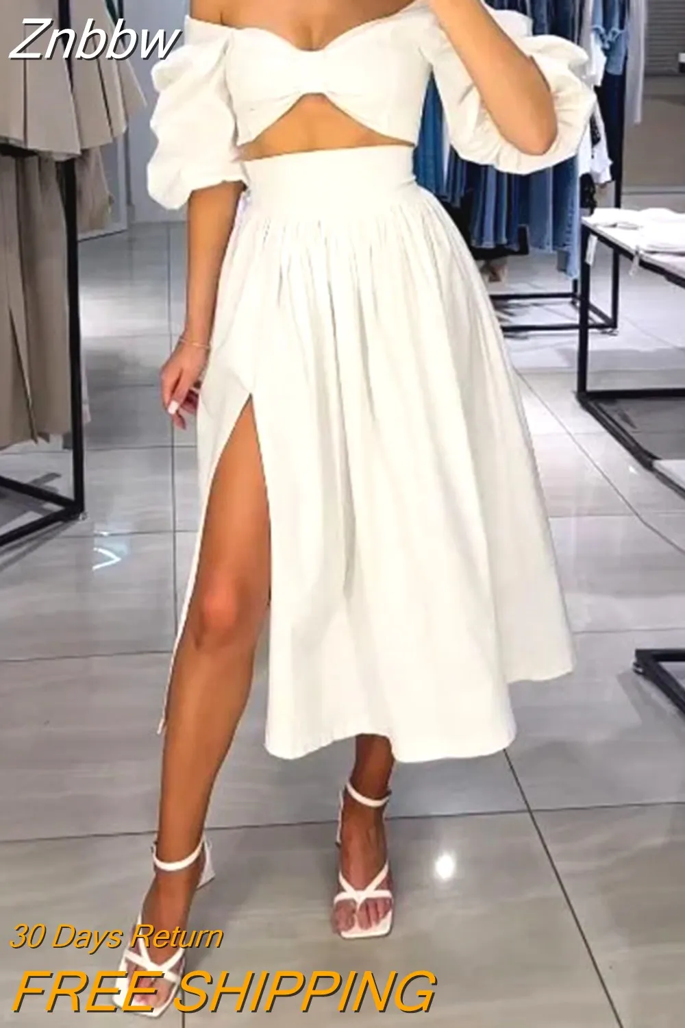 Znbbw Women Two Piece Set Summer Fashion Sexy Solid One Shoulder Top Casual Loose High Waist Pleated Slit Skirt Sets Streetwear