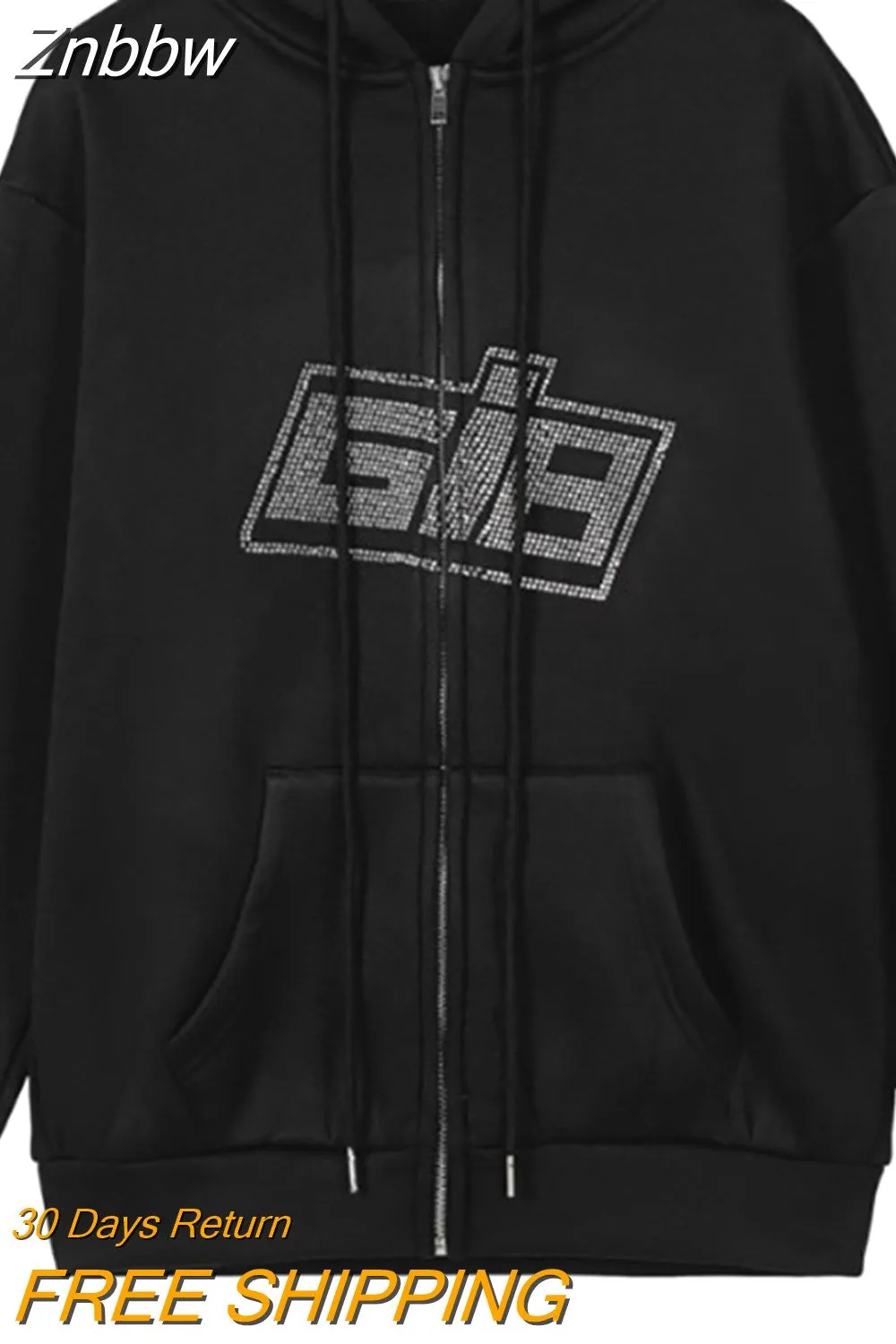 Znbbw Y2K Fashion Zipper Oversized Hoodies E-girls Vintage Solid Letter Long Sleeve Black Sweatshirts Autumn Outfits - Image 4