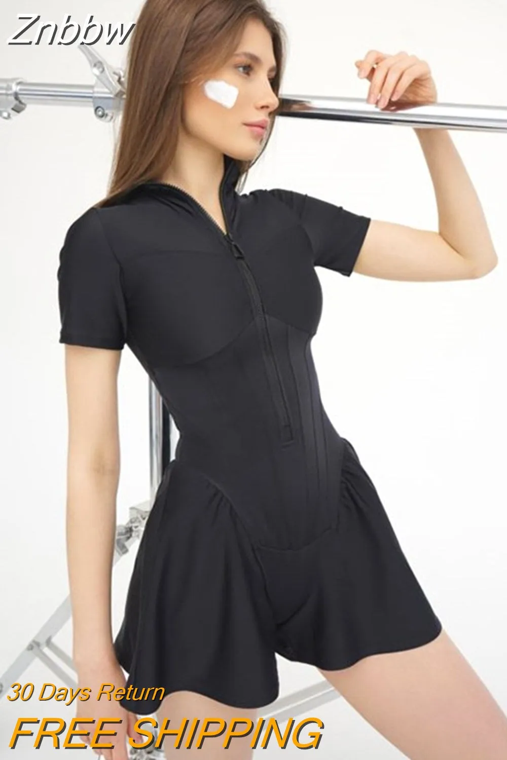 Znbbw Autumn Sexy Bodycon Playsuit Women Jumpsuit O Neck Short Sleeve Zipper Bodysuit Female Elegant Slim Playsuits Rompers - Image 2