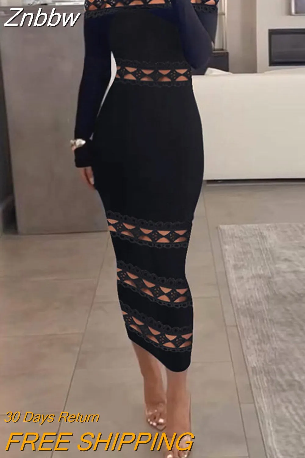 Znbbw Women's Autumn Long Sleeved Wrap Hip Dresses Black Lace Patchwork Hollow Party Dress Fashion Slash Nneck High Waist Tight Dress