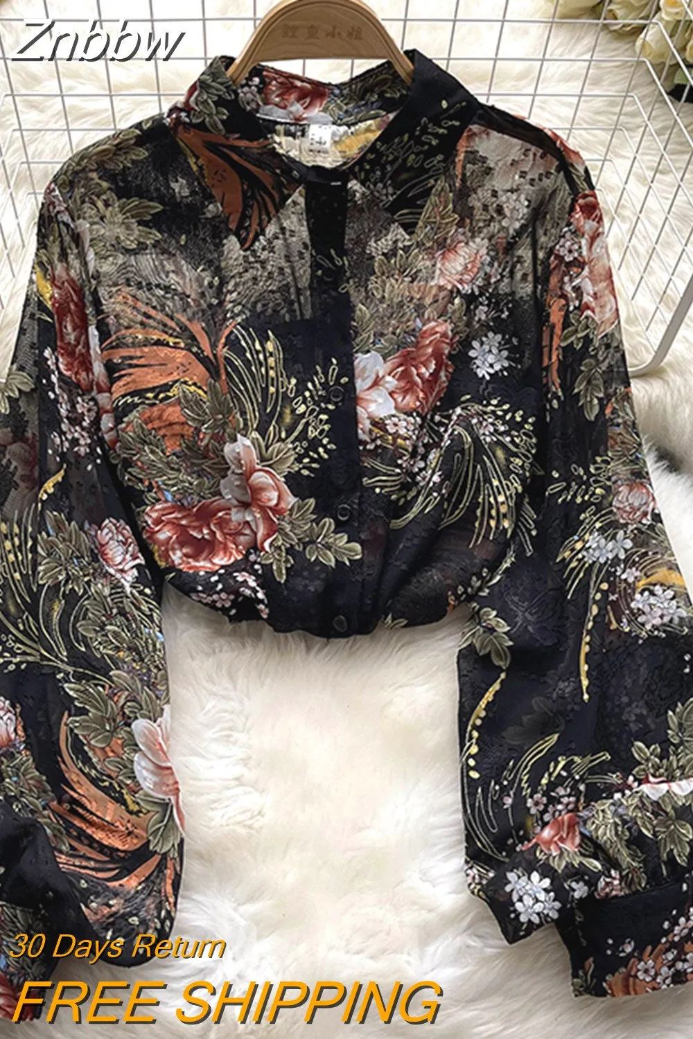 Znbbw Autumn Temperament Fashion Retro Chiffon Floral Blouses Print Loose Lapel Puff Sleeve Top Button Up Shirt Female GD611 - Image 10