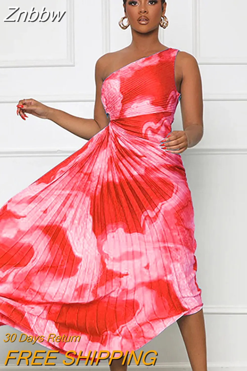 Znbbw Women Printing Single Shoulder A Line Midi Dresses Lady Vintage Hellow Out Long Dress 2023 Fashion Pressed Pleat Streetwear - Image 6