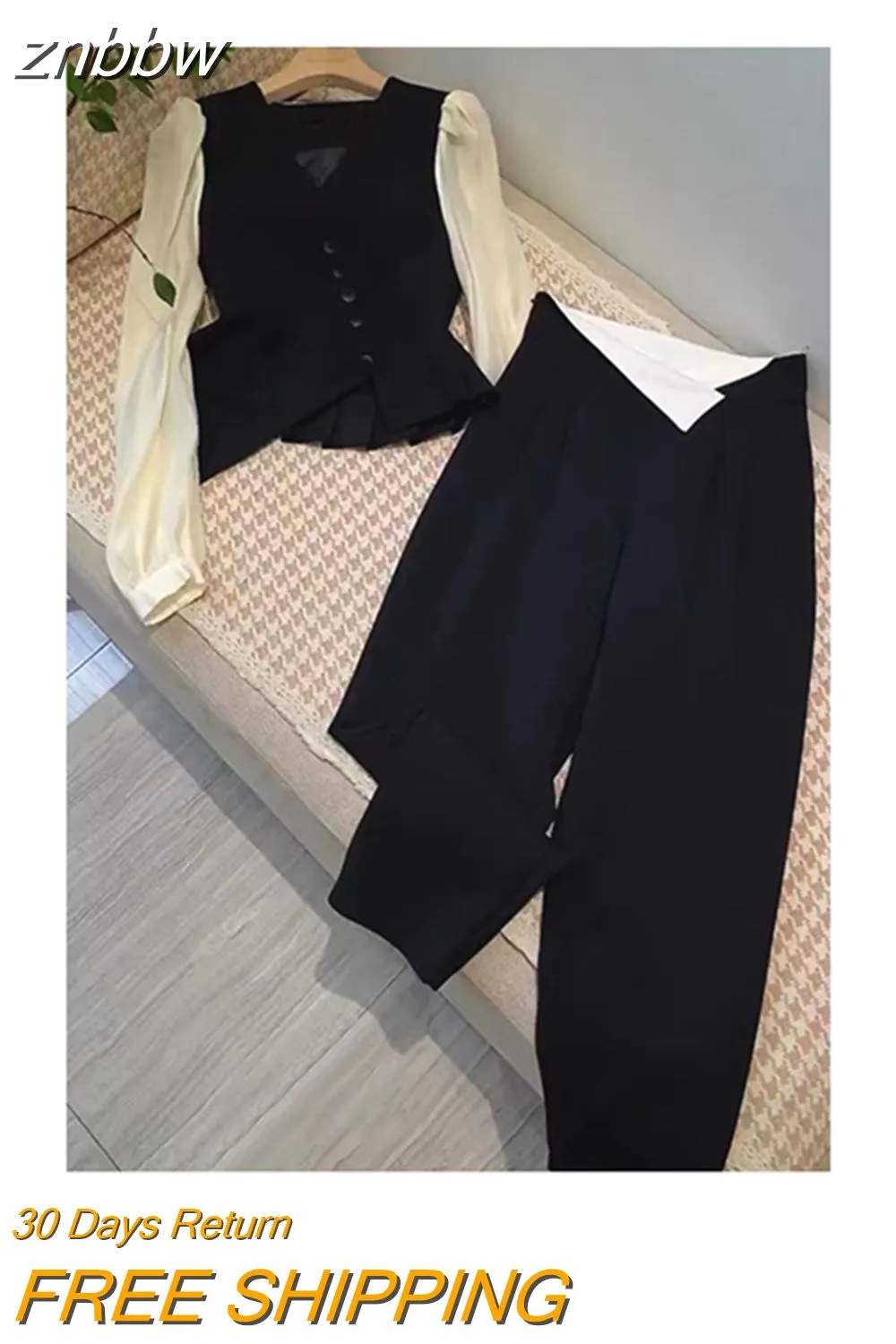 znbbw Women's Autumn British Style Trousers Suit V-neck Irregular Short Small Blazer and Wide Leg Trousers Two Office Ladies Piece Set - Image 2