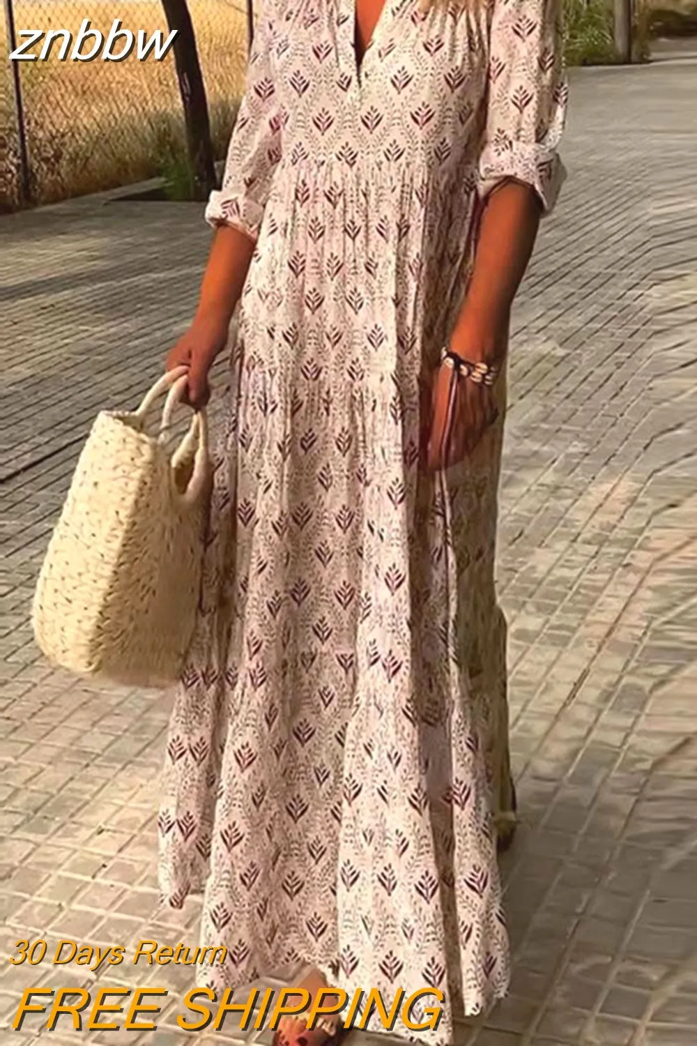 znbbw Women Long Sleeve Boho Pattern Maxi Dress Female Harajuku Fashion Pleat Dresses Vintage Casual Oversized Print Streetwear Dress - Image 4