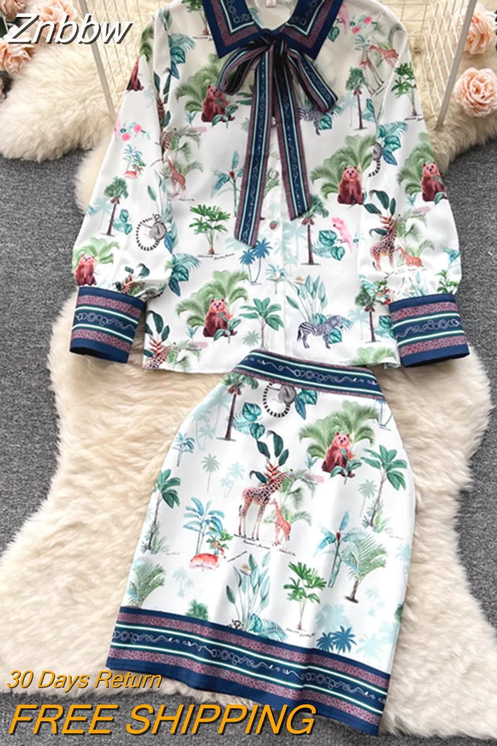 Znbbw 2023 Fashion Runway Summer Skirt Suit Women's Animal Floral Print Blouse And A Line Bodycon Mini Skirt 2 Two Piece Set - Image 2