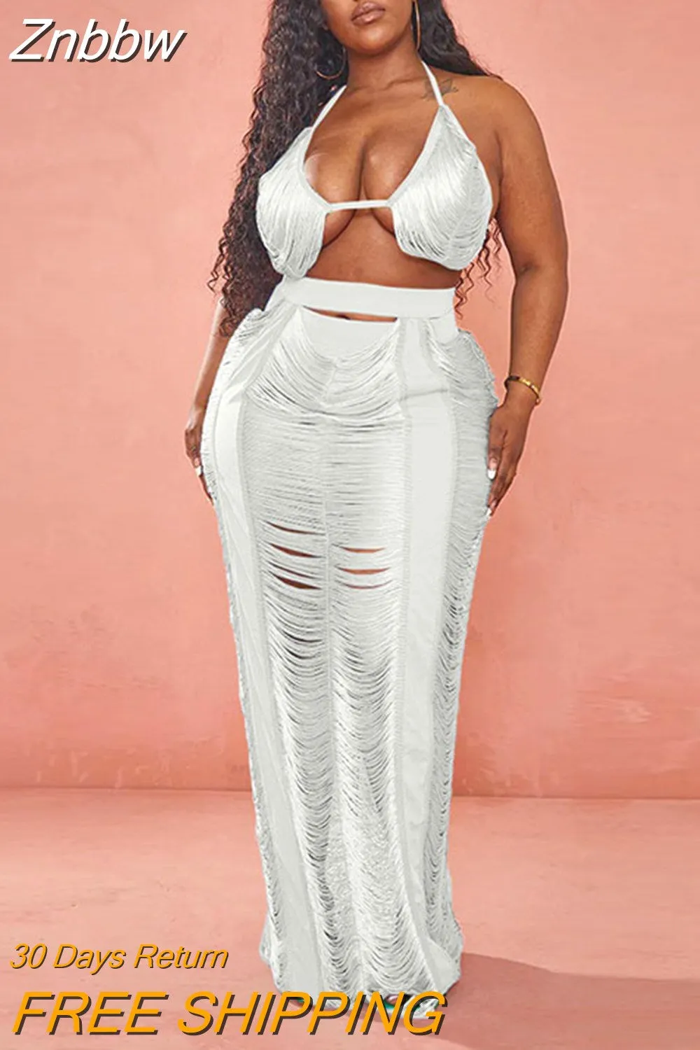 Znbbw 2023 Summer Knitted Hollow Out Sexy 2/Two Piece Skirt Sets Plus Size Women Outfits Holiday Beach Crop Top And Skirt - Image 6
