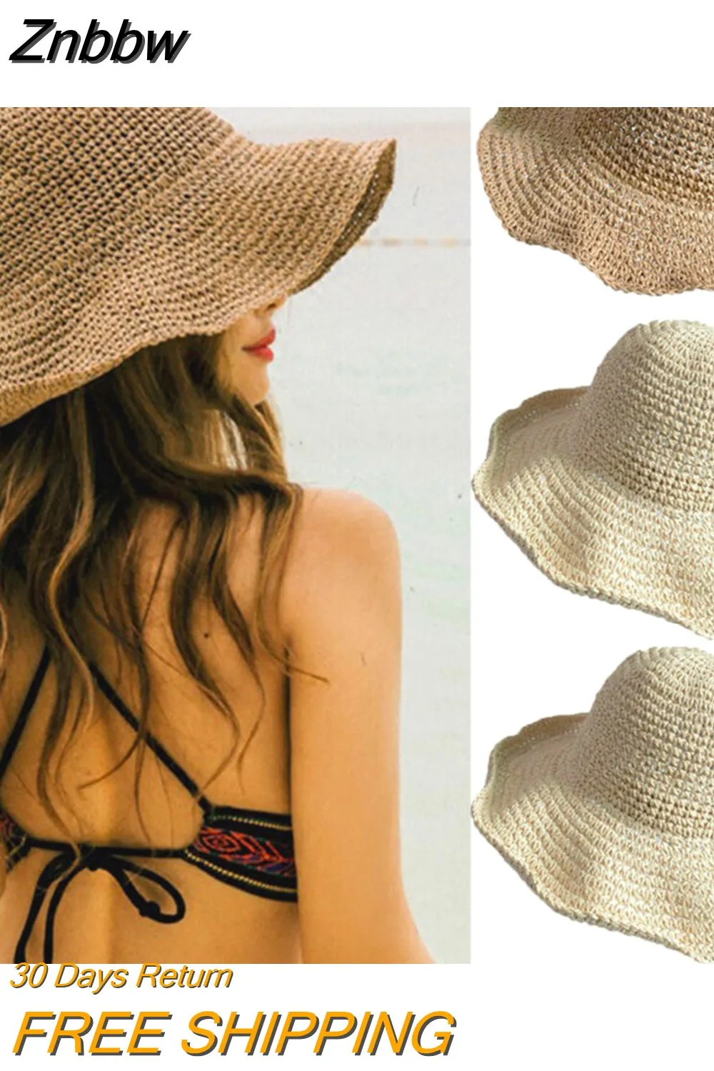 Znbbw Beach Casual Straw Panama Wide Brim Caps Women Summer Boho Holiday Beach Cap Sun Hat Beige Khaki Two Colors