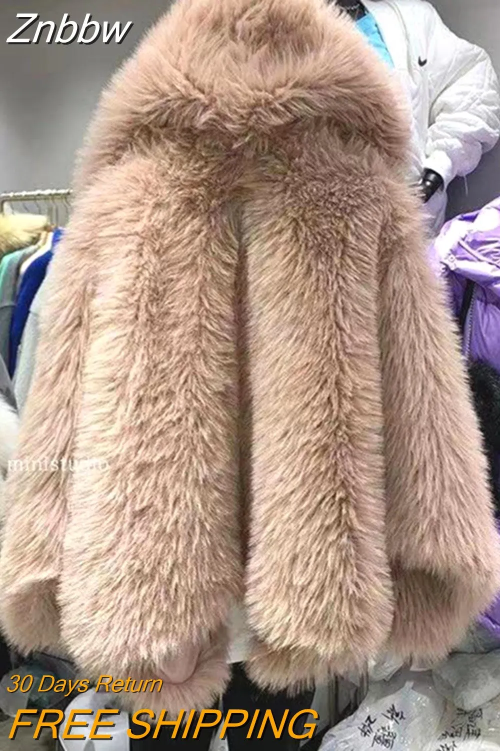 Znbbw Women Winter Loose Hooded Bat Full Sleeve Casual Faux Fur Jacket Lady Slim Thick Warm Soft Outwear 2023 New Fashion Overwear - Image 8