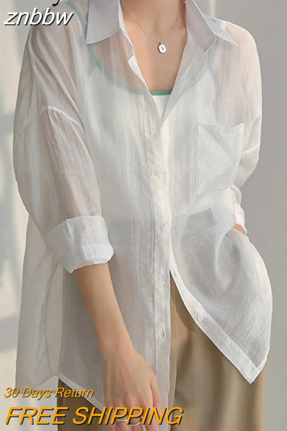 znbbw 2023 Summer Long Sleeve Chiffon White Shirt Women Transparent Button Sun Protection Ladies Blouse Beach Female Clothing