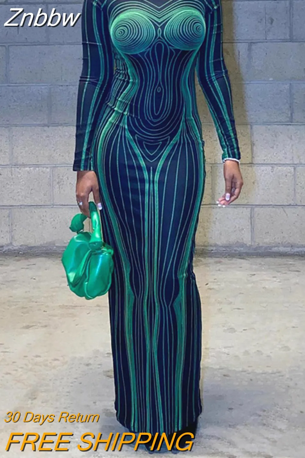 Znbbw Women Fashion Long Sleeve Bodycon Streetwear Party Club Green Long Dress 2023 Fall Clothing Wholesale Items For Business