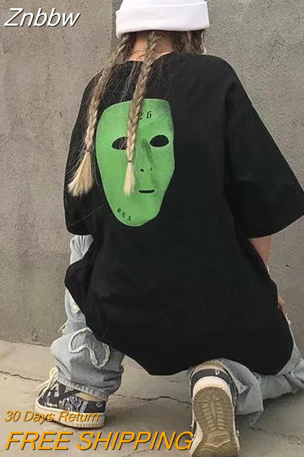 Znbbw Women T shirts Korean Skull Print Y2K Black Oversized Tee Shirt Tops Harajuku Grunge Vintage Aesthetic Goth Graphic Punk Clothes - Image 5