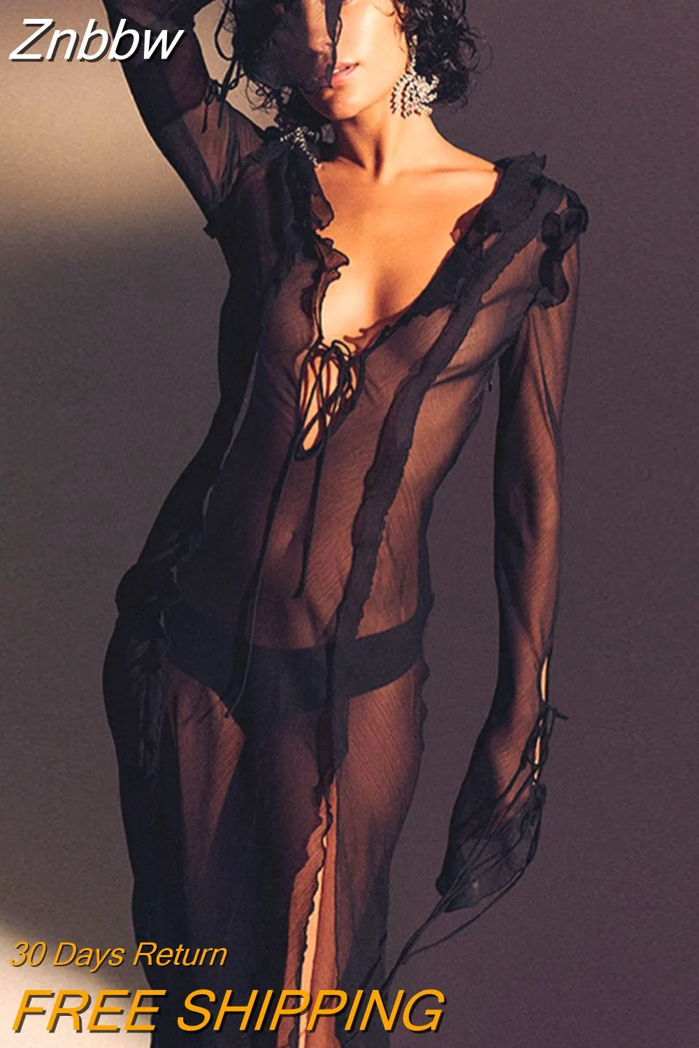 Znbbw Women Long Sleeve Mesh See Through Bodycon Beach Vacation Long Dress 2023 Summer Autumn Wholesale Items For Business - Image 5