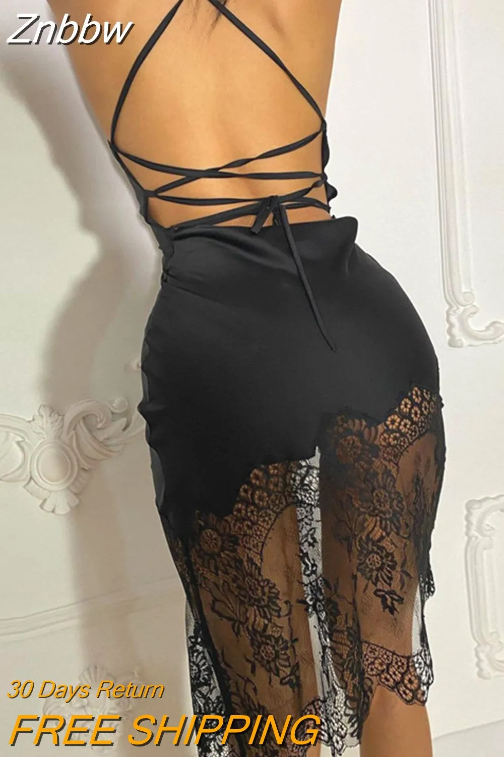 Znbbw Sexy Elegant Backless Bandage Slip Dress Women 2023 Sleeveless Lace Bodycon Midi Dress Club Party Holiday Casual Dress