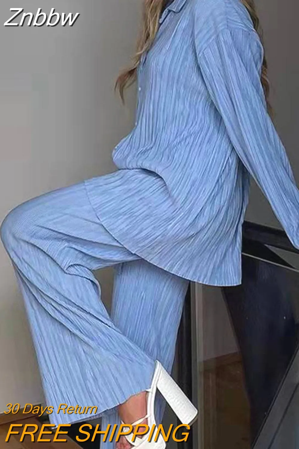 Znbbw Women Two Piece Set Loose Elegant Pleated Blouses and High Waist Wide Leg Trousers Casual Matching Sets Ladies Female Outfits - Image 7