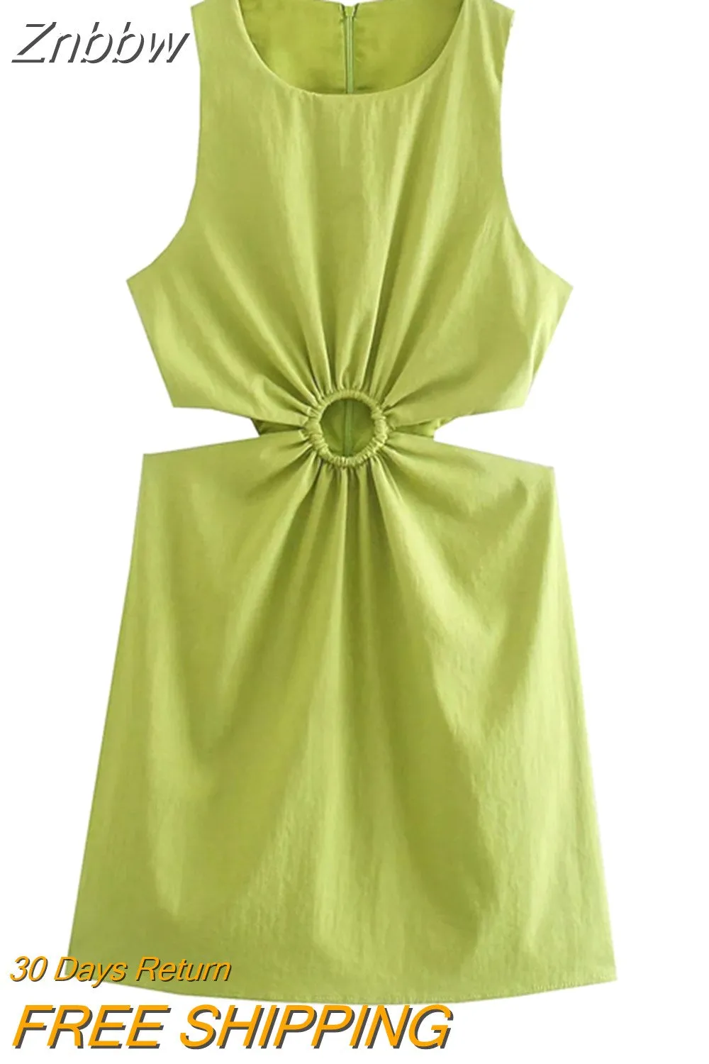 Znbbw ZBZA Dress For Woman 2023 Hollow Out Solid A-line Sleeveless Dresses Causal O-Neck Dresses Woman Mini Bodycon Dress - Image 4