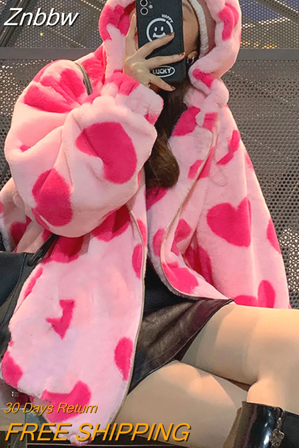 Znbbw Harajuku Heart-shaped Print Plush Jacket Women Winter Korean Large Size Long Sleeve Hooded Coat Thick Warm Couple Streetwear - Image 3