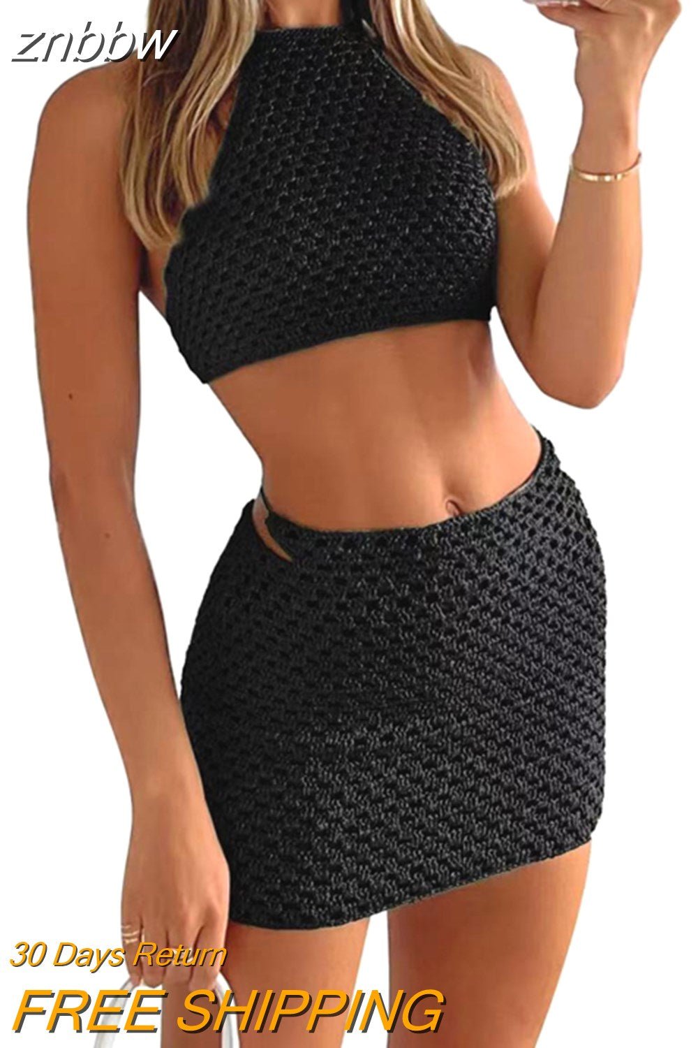 znbbw Y2K Hollow Out Knit Skirt Sets Women Solid Sleeveless Halter Tie Up Crop Tops+Mini Skirts Female Summer Sexy Two Piece Sets - Image 3