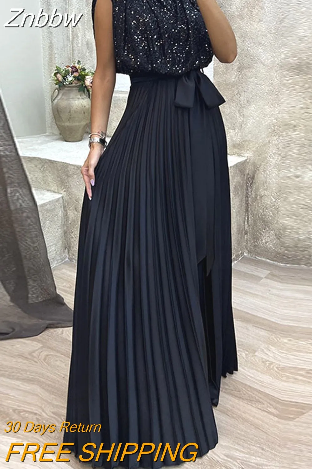 Znbbw Backless Pleated Evening Dresses Women O-neck Sequin Patchwork Long Dress Fashion Sleeveless Lace Up High Waisted Dress