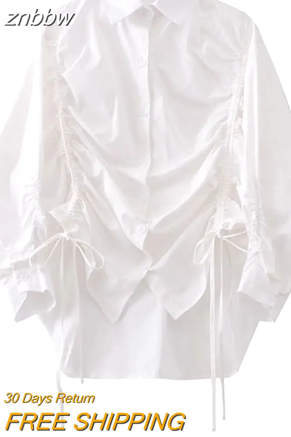 znbbw 2023 Spring Office Lady Long Sleeve Lacing Folds White Shirt Blouse Women Elegant Button Up Work Female Shirts Clothes - Image 2