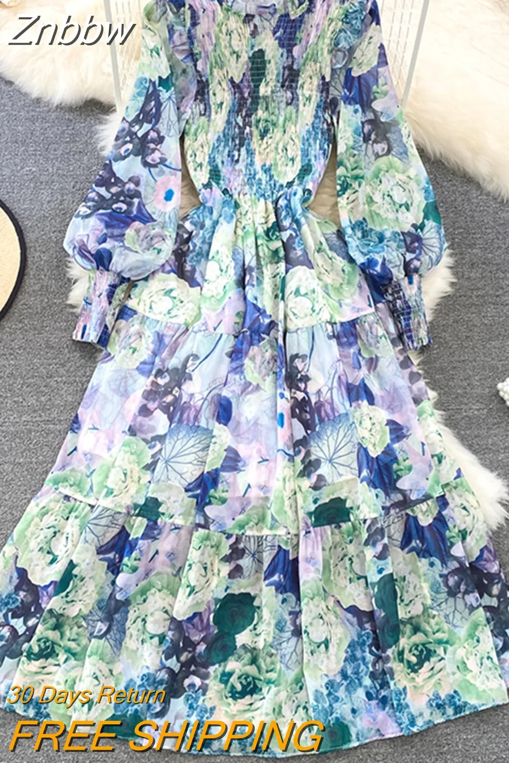 Znbbw Women's Spring Autumn Long Sleeved Chiffon Dress with Wooden Ear Edge Waist Closing Floral Holiday Big Hem Long Dress D2460 - Image 5