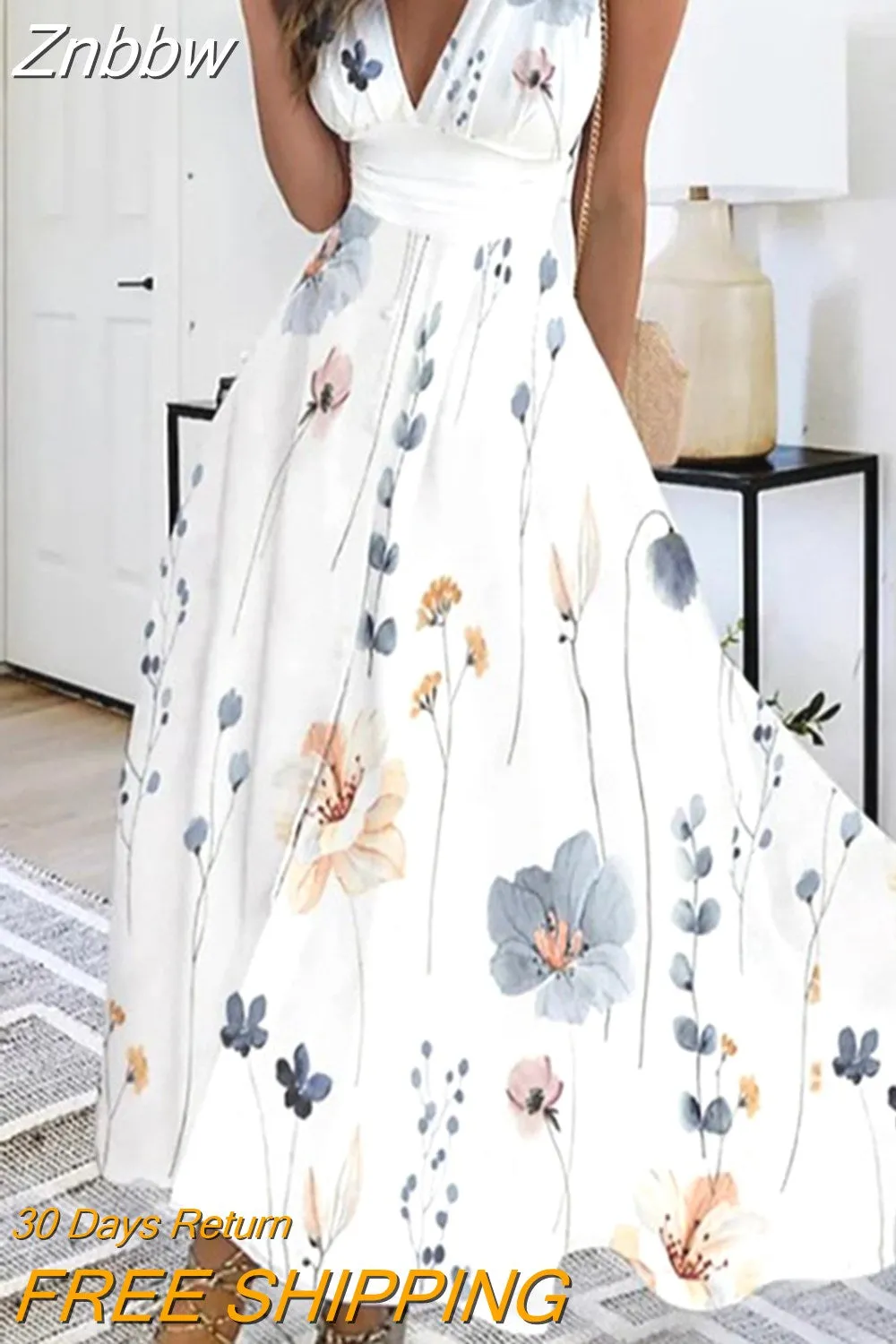 Znbbw Women Sleeveless Evening Dress Casual High Waist Boho Beach Dress New Summer Deep V-neck Floral Print Long Dress Vestidos - Image 5