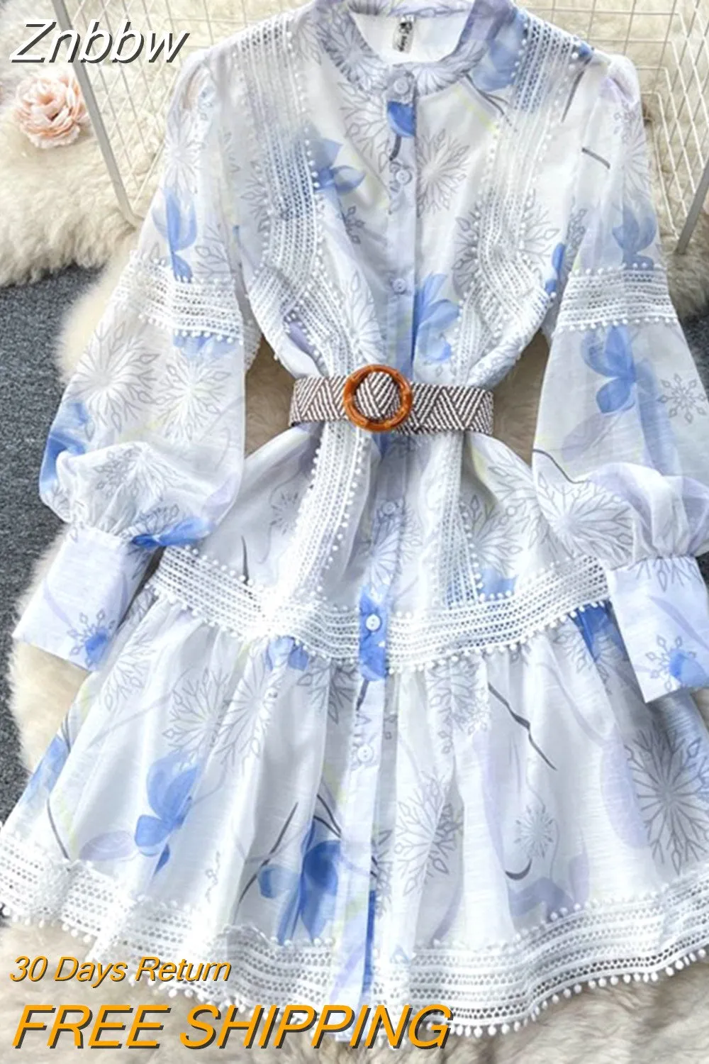 Znbbw Women Single Breasted Floral Print Lace Trims Mini Dress Fashion OL Lady Lantern Long Sleeves Sashes Boho Vintage Dress - Image 2