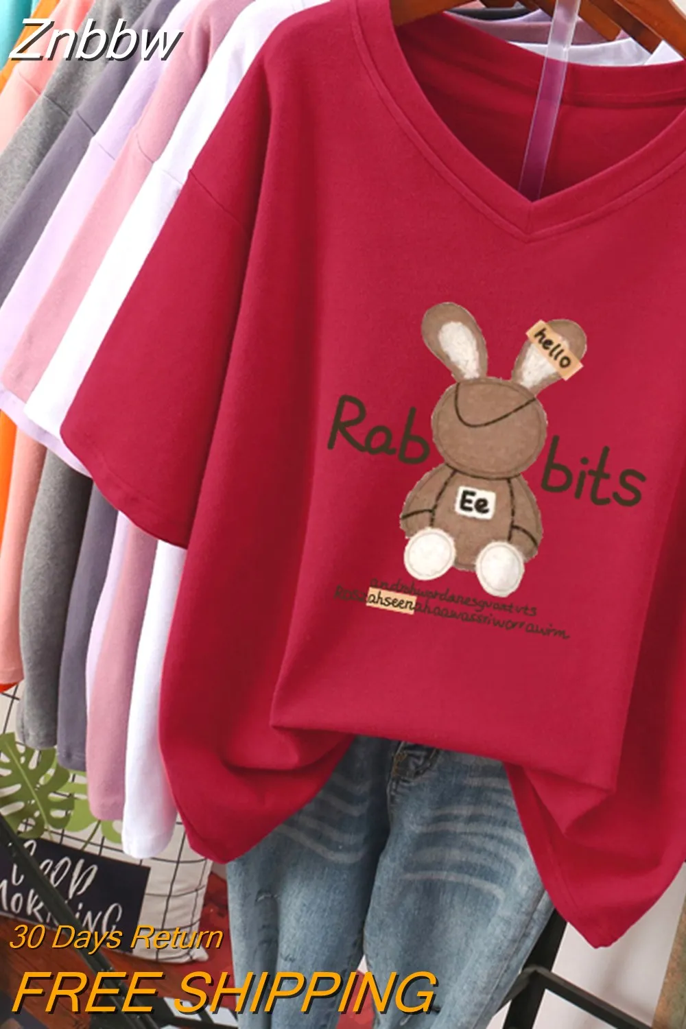 Znbbw 100 Cotton L-5XL Plus Size T Shirt Cartoon Print Tshirt Short Sleeve Women's Top Summer Kawaii Couple V Neck T Shirts - Image 2