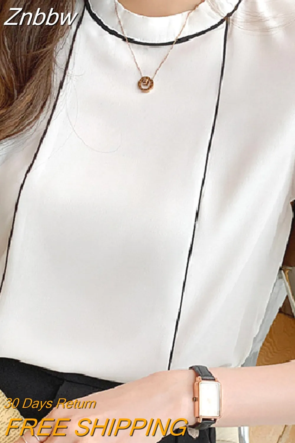 Znbbw Women White Blouse Short Sleeve Blouse Women O-Neck Chiffon Blouse Shirt Tops Women Blusas Mujer De Moda 2023 Blouses F97