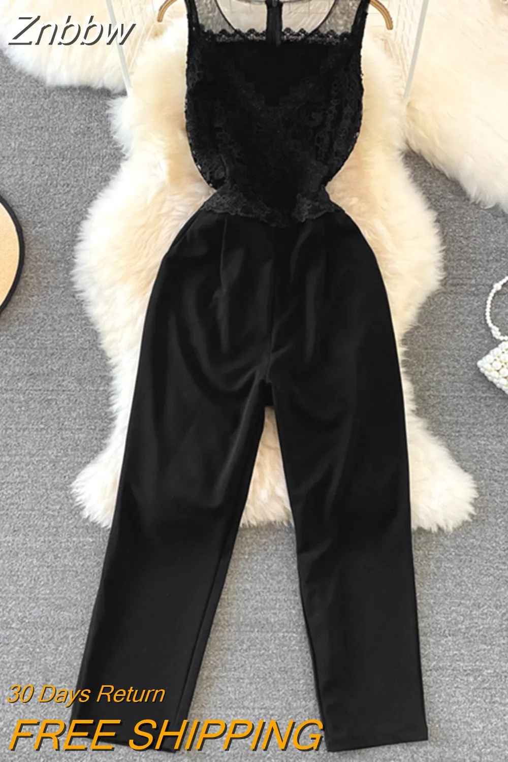 Znbbw Women Summer Jumpsuits Self-cultivation Fashionable Jumpsuit Round Neck Lace Panel Waist Tight Straight Jumpsuit Long Pant D2729 - Image 4