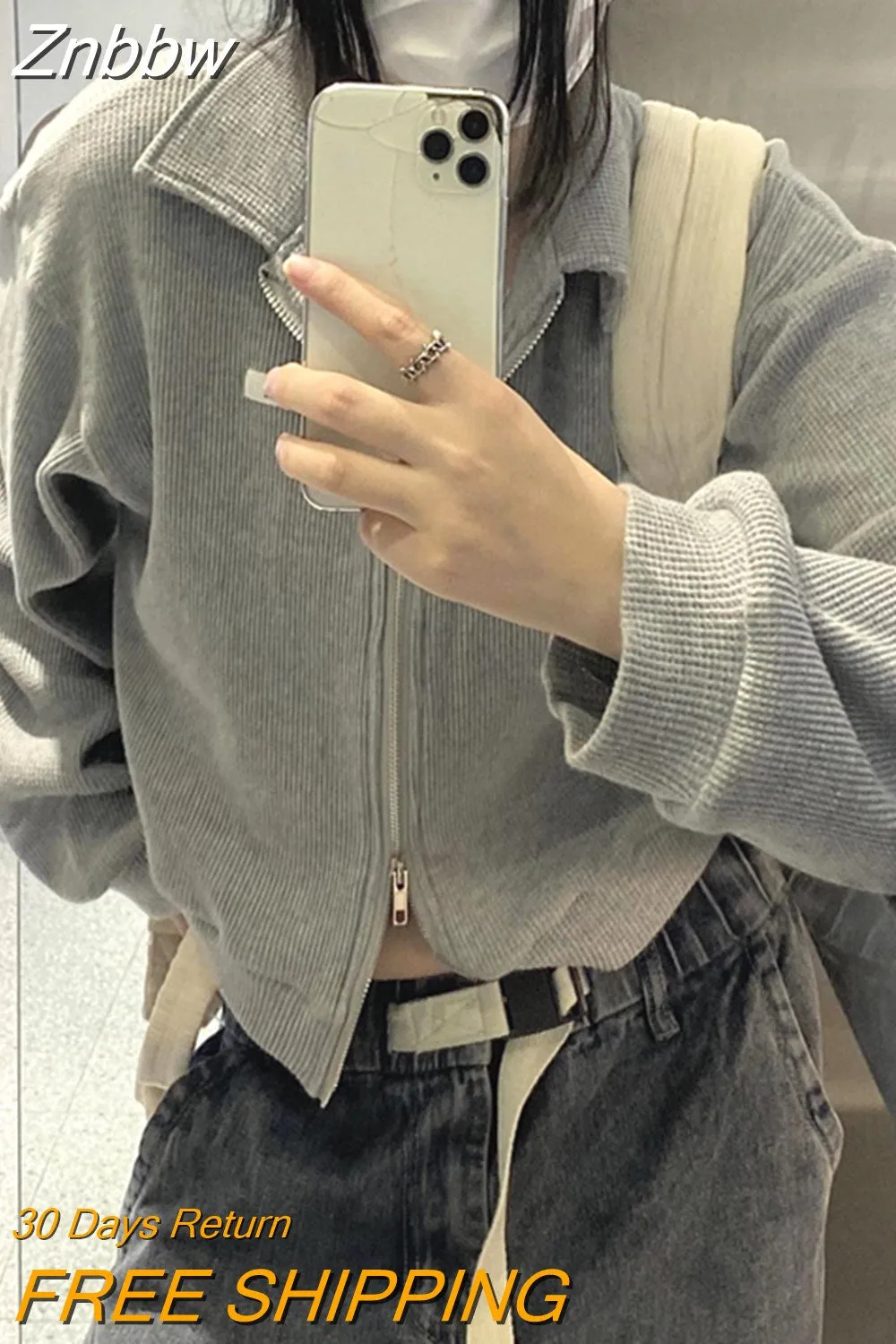 Znbbw Y2K Harajuku Zipper Cropped Jacket Women Streetwear Solid Oversized Coats Fashion Loose Casual All-match Gothic Tops - Image 2