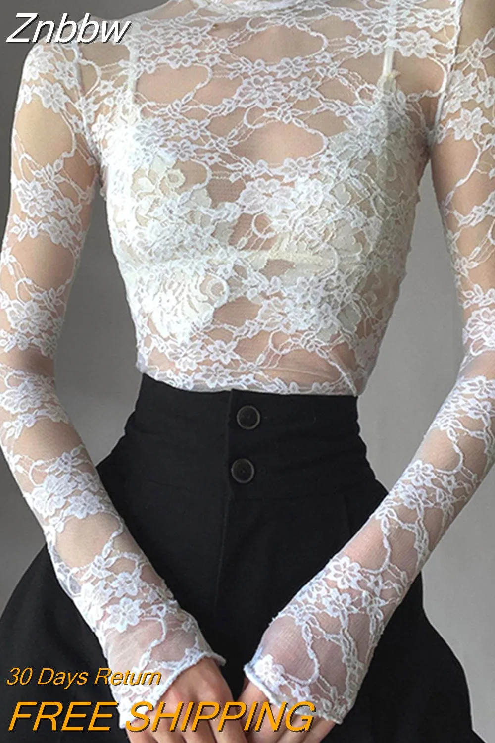 Znbbw Women Sheer Mesh Long Sleeve Top Turtleneck Embroidery Lace Tops Y2k Slim Fit See Through Going Out Tee Shirt Beach Cover ups - Image 2