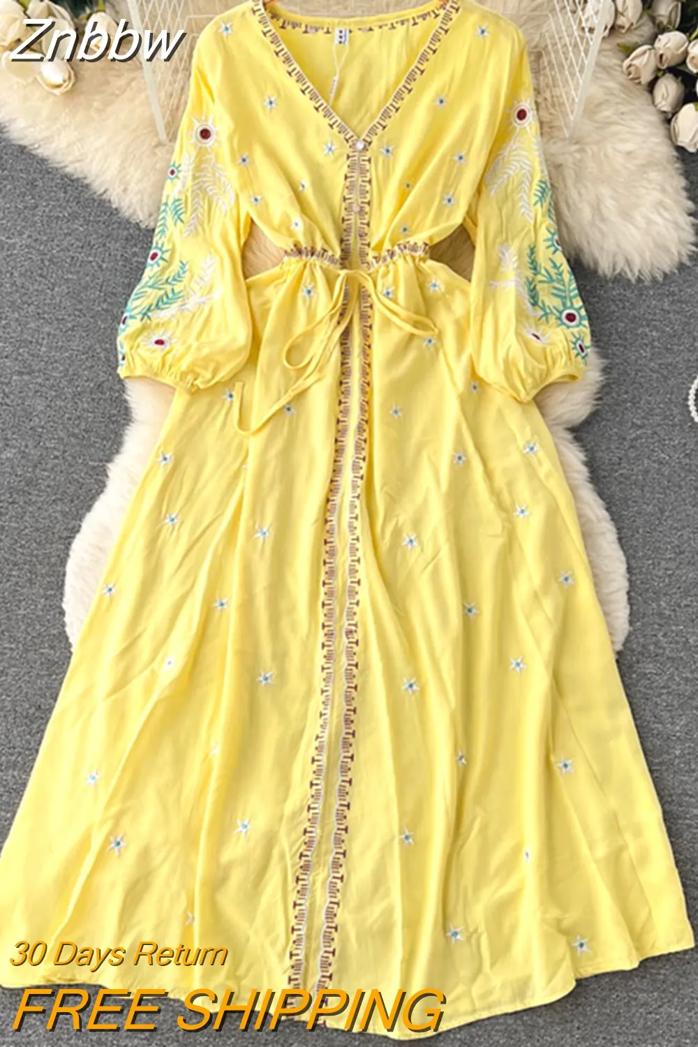 Znbbw Ethnic Style Lace Up Lantern Sleeve Waist Slimming Embroidery Red Temperament Dress Stunning Long Vestidos Women D1473 - Image 5