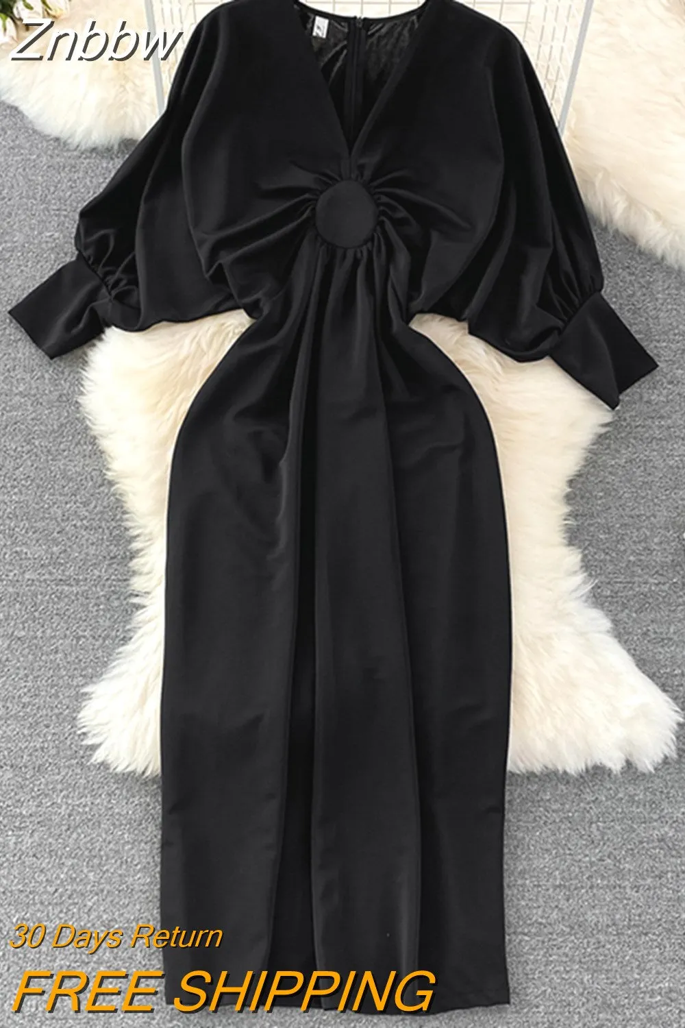 Znbbw Autumn Shirt V-neck Dress Women Korean Sexy Elegant Party Lantern Sleeves Waist Mid-length Birthday Dress for Women GD770 - Image 3