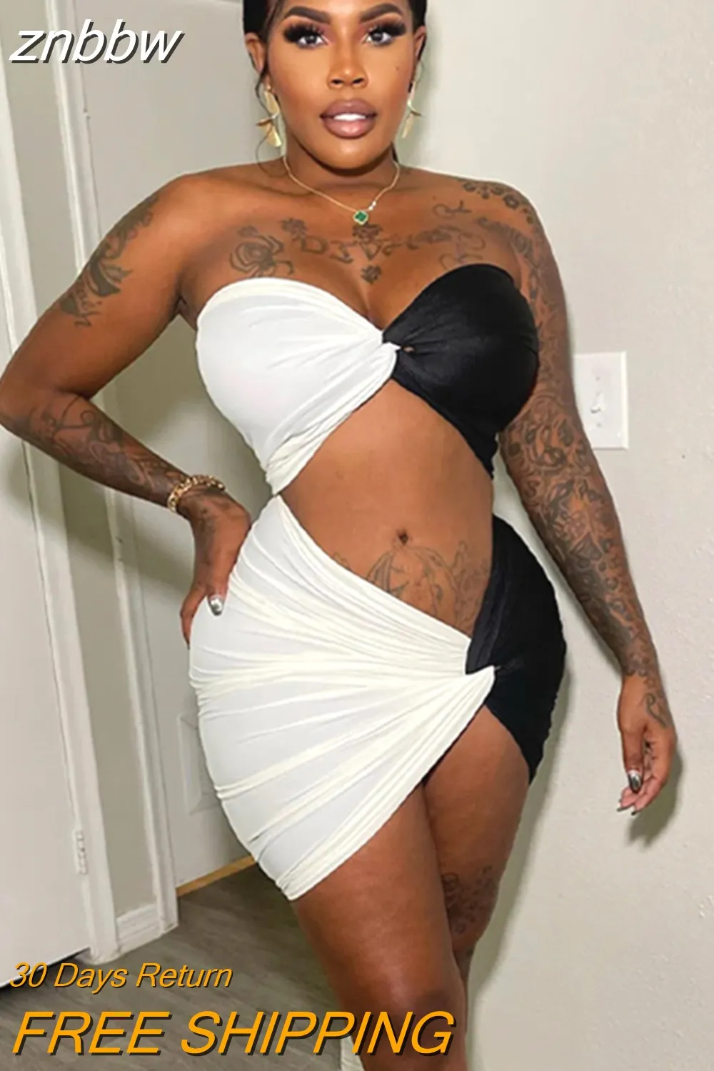 znbbw Backless Sexy Pink Patchwork Two Piece Sets Summer For Women Black Off Shoulder Bodycon Skirt Sets Beach Praty Skirt Set - Image 3