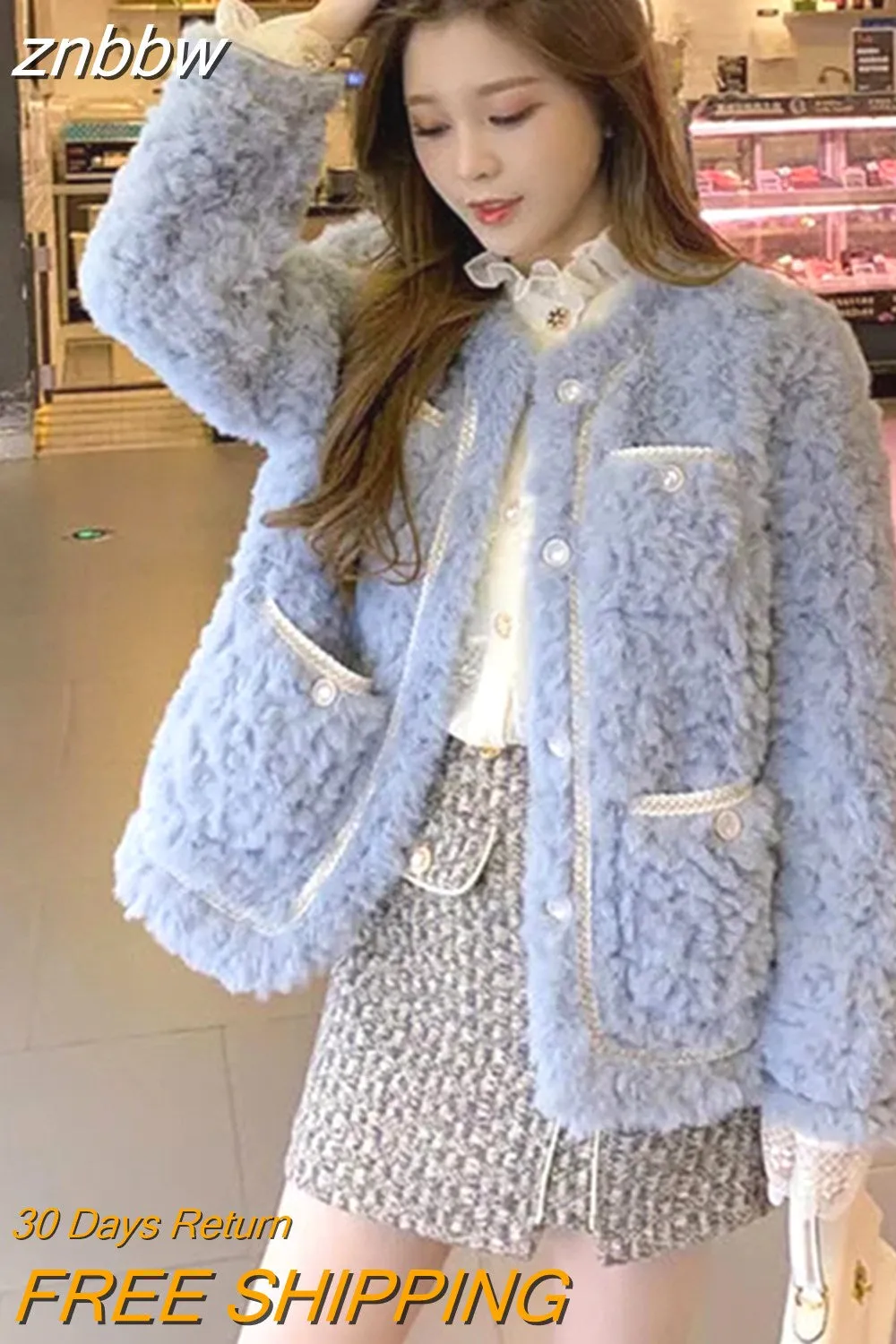 znbbw Autumn Korean Fashion Lamb Wool Coats Luxury Women Streetwear O-Neck Faux Fur Jackets Female Winter Thick Warm Plush Coat - Image 3