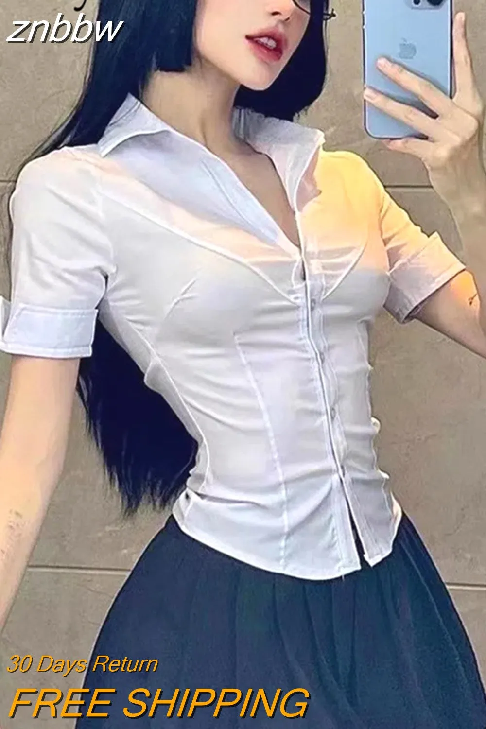 znbbw 2023 Summer Sexy Slim Short Sleeve White Shirt Women Button Tie Ladies Blouse Office Cosplay New In Female Clothing Tops