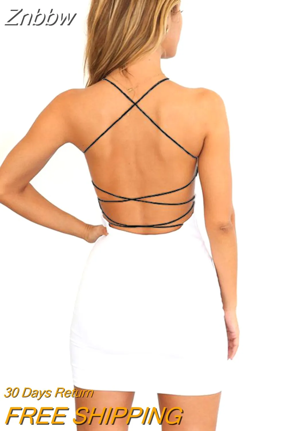 Znbbw Women Sexy Plain Solid Color Bandage Dress Elegant Backless Sleeveless Bodycon Evening Party Club Mini Dress - Image 3