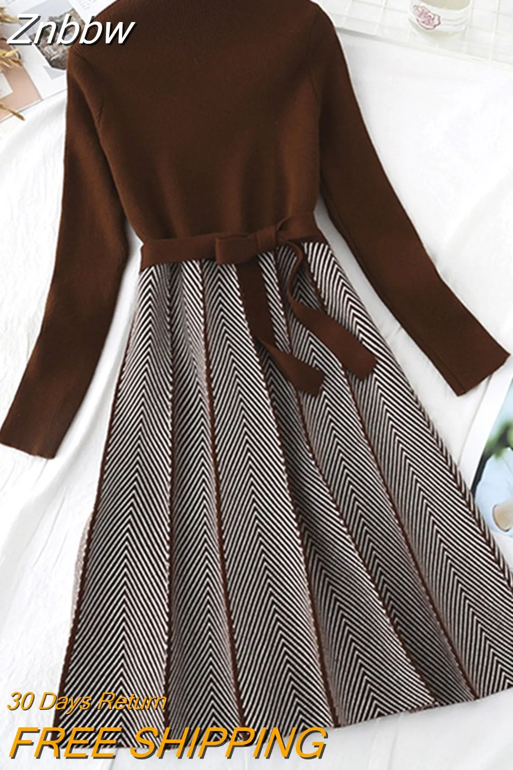 Znbbw High Collar A-line Knit Dress Women's 2023 Autumn Winter Thickened Arrow Striped Women Elegant Sashes Knitted Dress