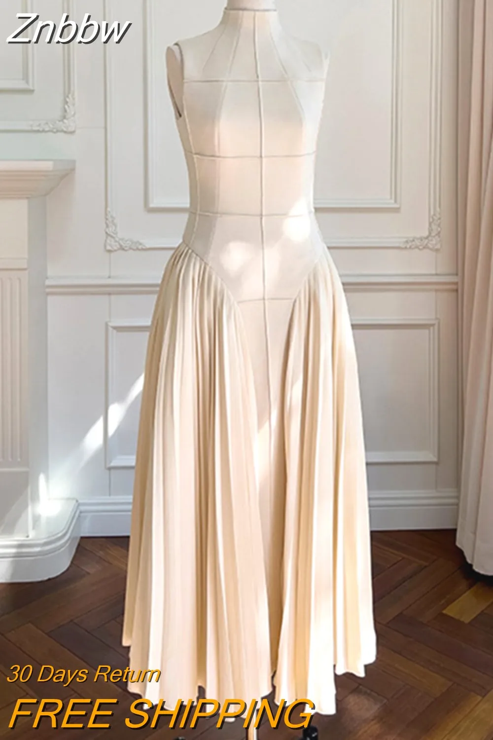 Znbbw Apricot Stand Collar Sleeveless Knit Dress For Women Robe Elegant High Quality Casual Slim Midi Dress Vestido