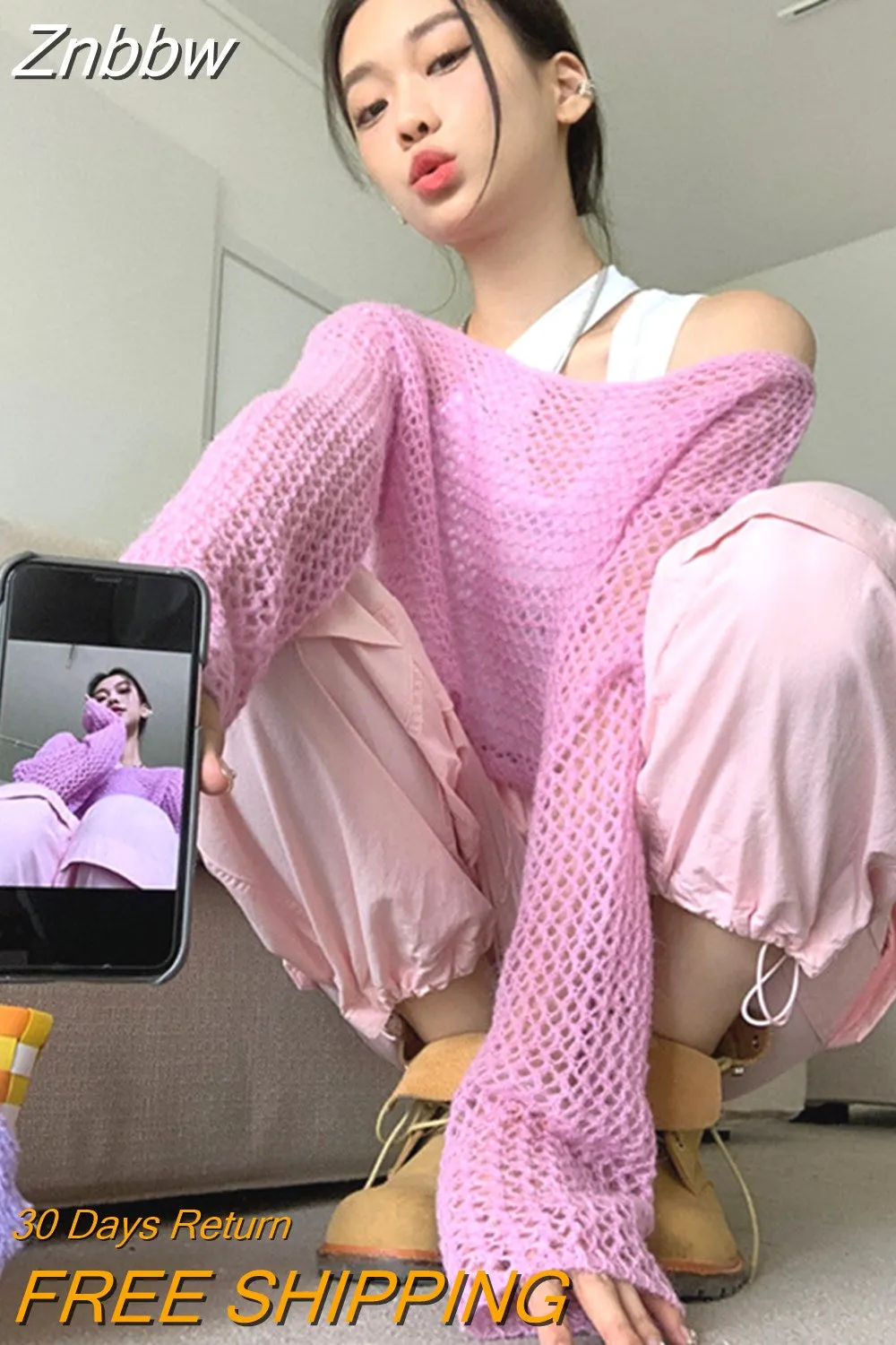 Znbbw Y2K Aesthetic Pink Cropped Sweater Women Harajuku Vintage Hollow Out Knitted Pullover Korean Fashion Loose Casual Tops