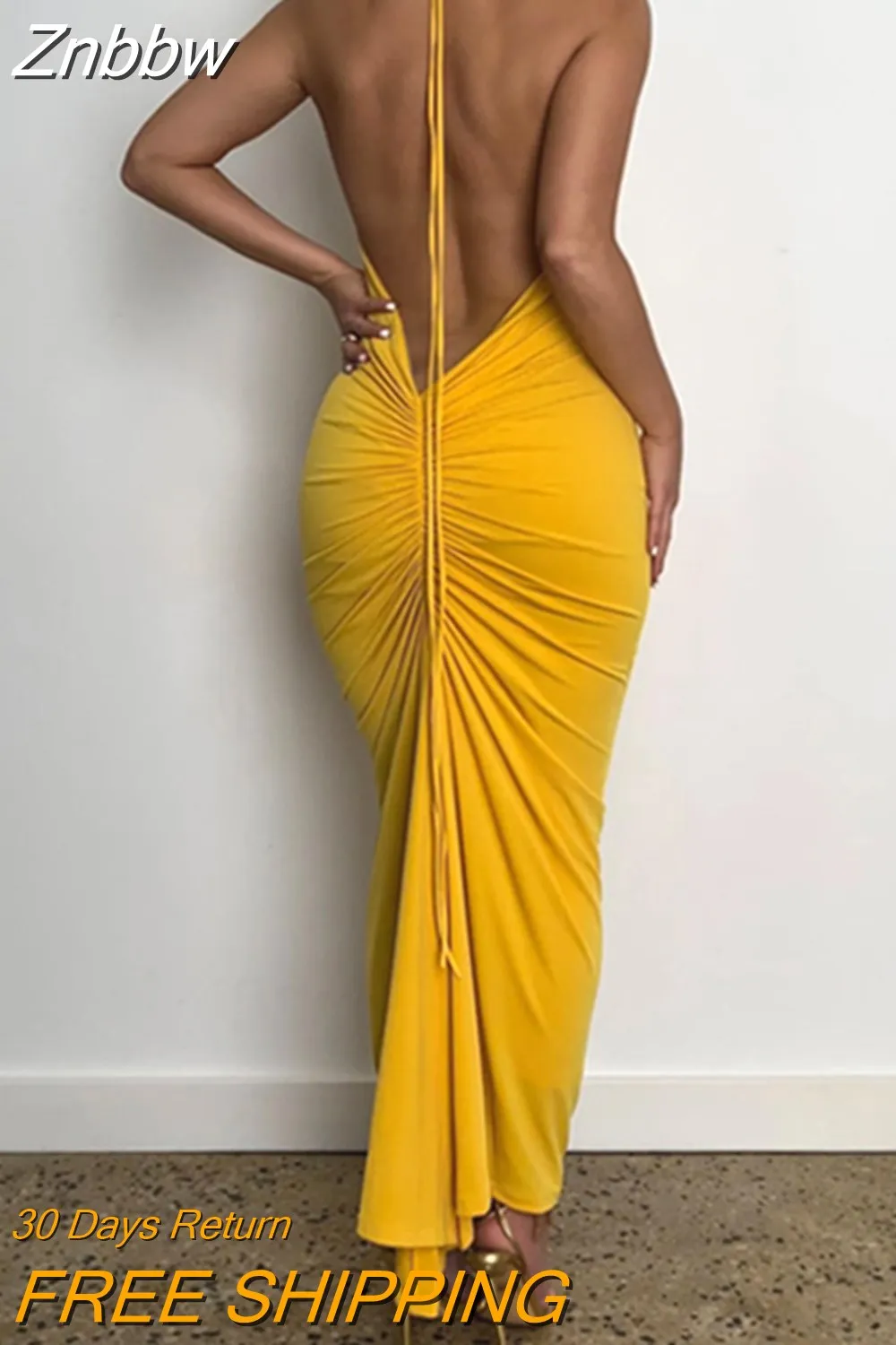 Znbbw Elegant Lace Up Backless Maxi Dress Women Outfits Summer Halter Sleeveless Bodycon Ruched Long Dress Vestido - Image 4