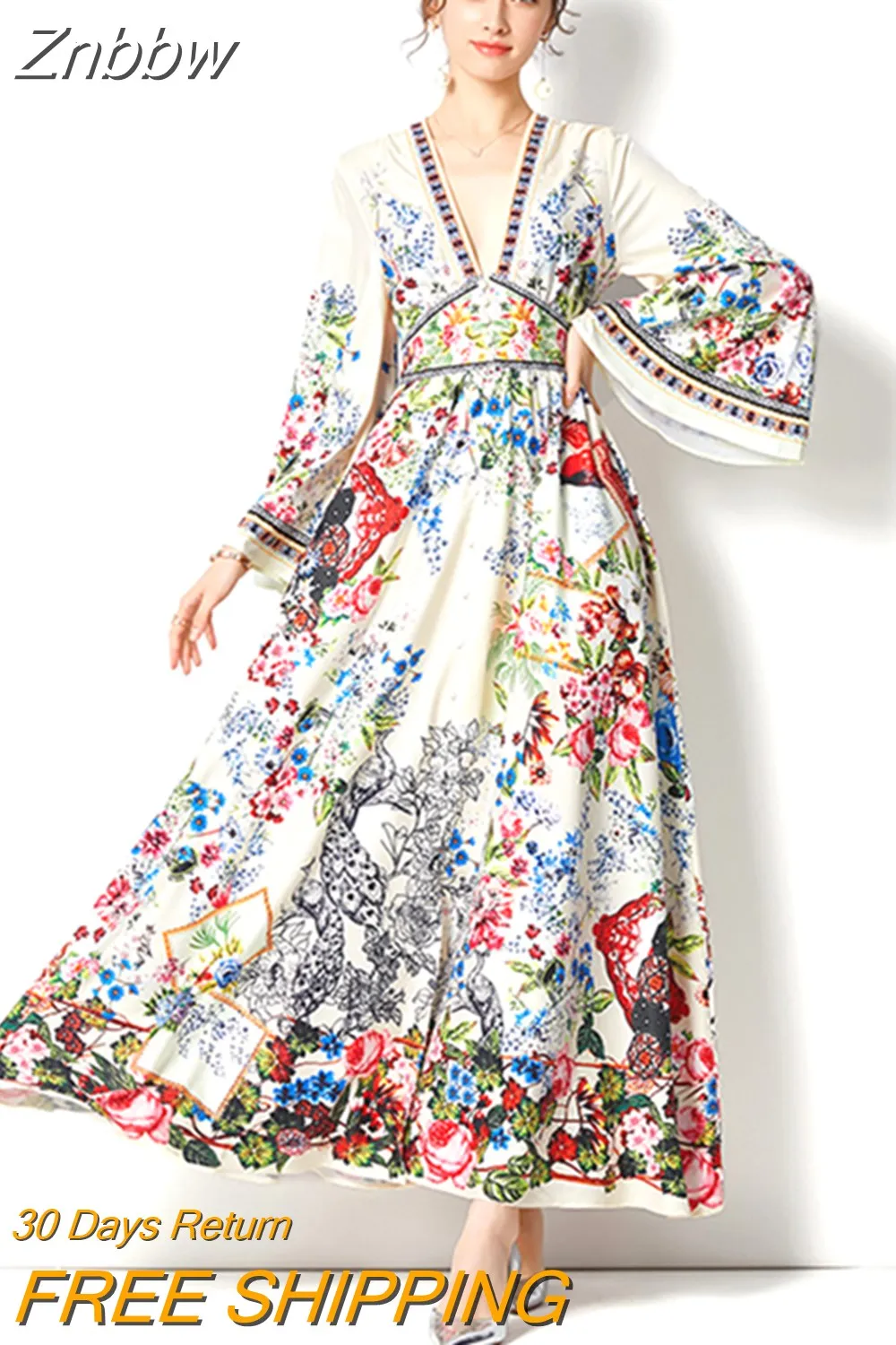 Znbbw Sexy Deep V Neck Holiday Dress 2023 Spring Women's Long Flare Sleeve Buttons Up Floral Print Split Long Party Robe