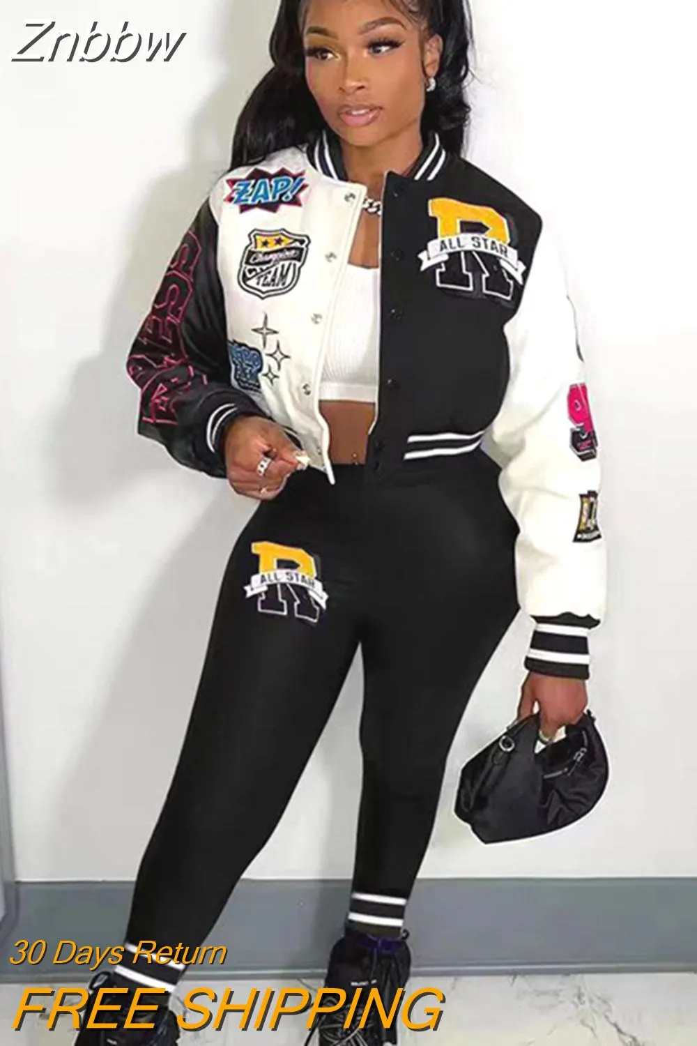 Znbbw Letter Casual Two Piece Set For Women Single Breasted Baseball Jogging Suits Full Sleeve Short Jacket Trousers Suit - Image 9